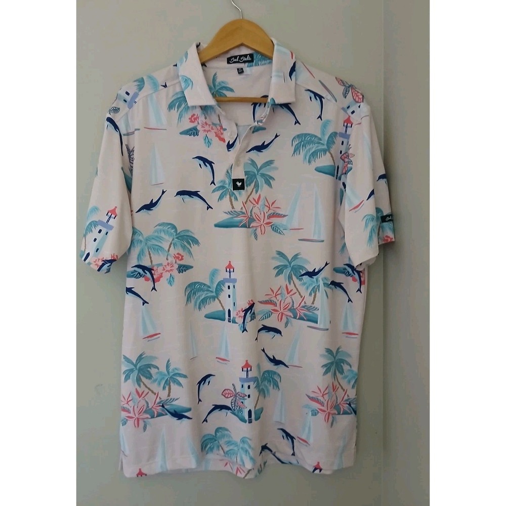 Bad Birdie Marino Polo Shirt Size XL Performance Golf Dolphin Palm Tree Tropical